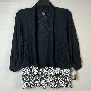 INC International Concepts Black Open Front Cardigan with White Floral Hem